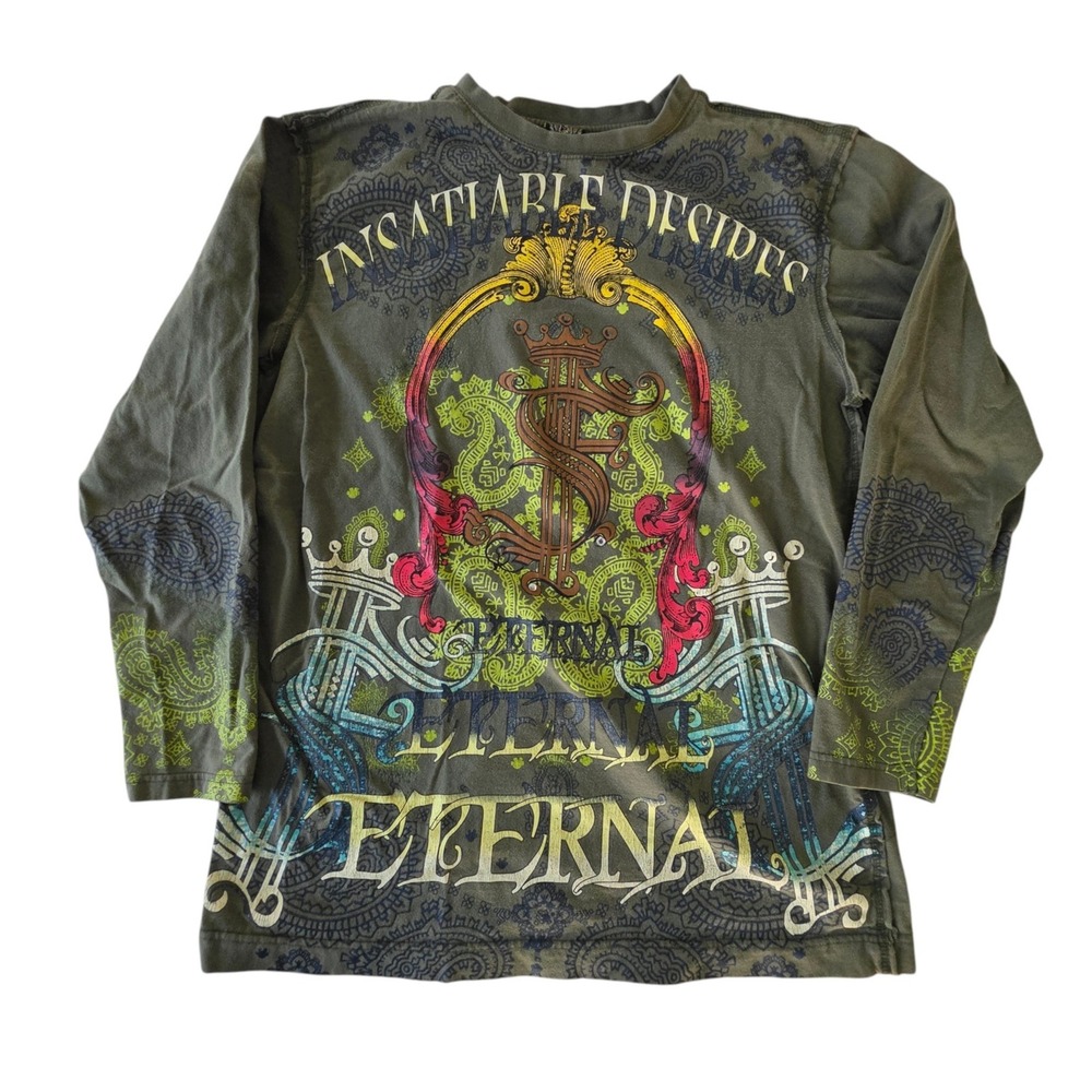 Raw Blue Mens Vintage Y2K Long Sleeve T-Shirt Tattoo Gothic Graphic Streetwear